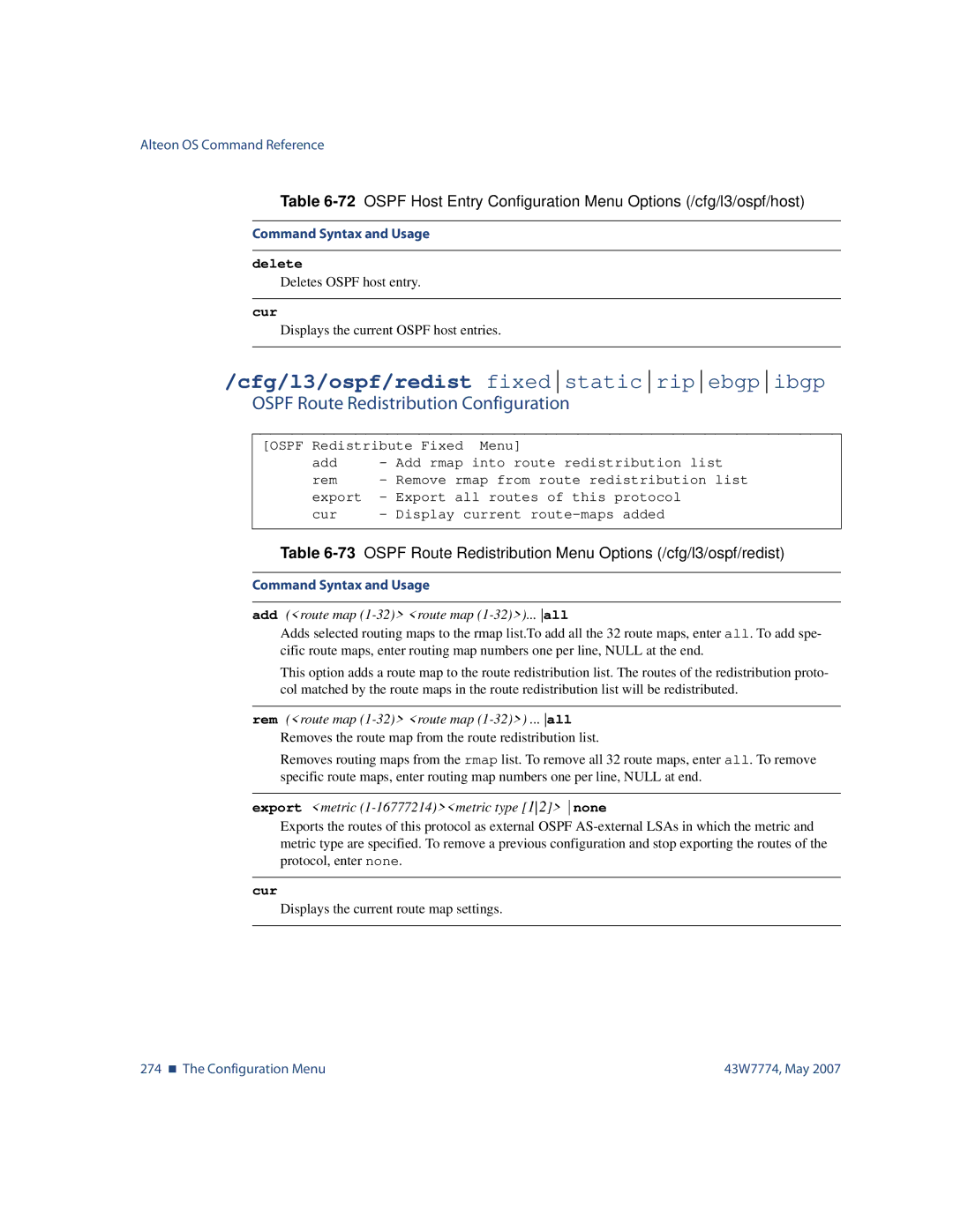 Nortel Networks 43W7774 manual Ospf Route Redistribution Configuration, Add route map 1-32 route map 1-32... all 