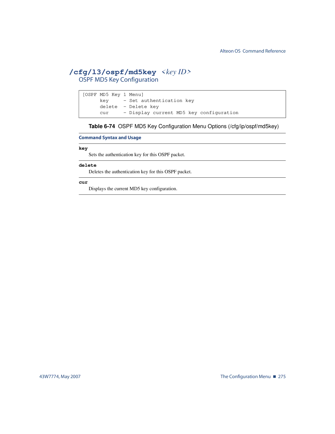 Nortel Networks 43W7774 manual Cfg/l3/ospf/md5key key ID, Ospf MD5 Key Configuration 