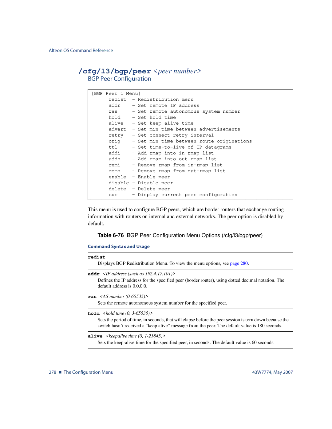 Nortel Networks 43W7774 manual Cfg/l3/bgp/peer peer number, BGP Peer Configuration, Redist 