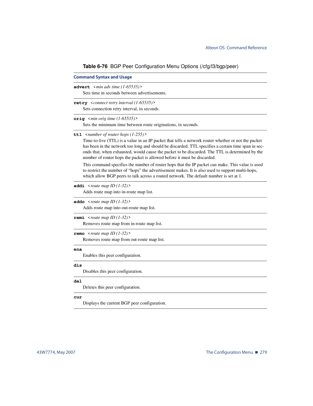 Nortel Networks 43W7774 Advert min adv time, Retry connect retry interval, Orig min orig time, Ttl number of router hops 