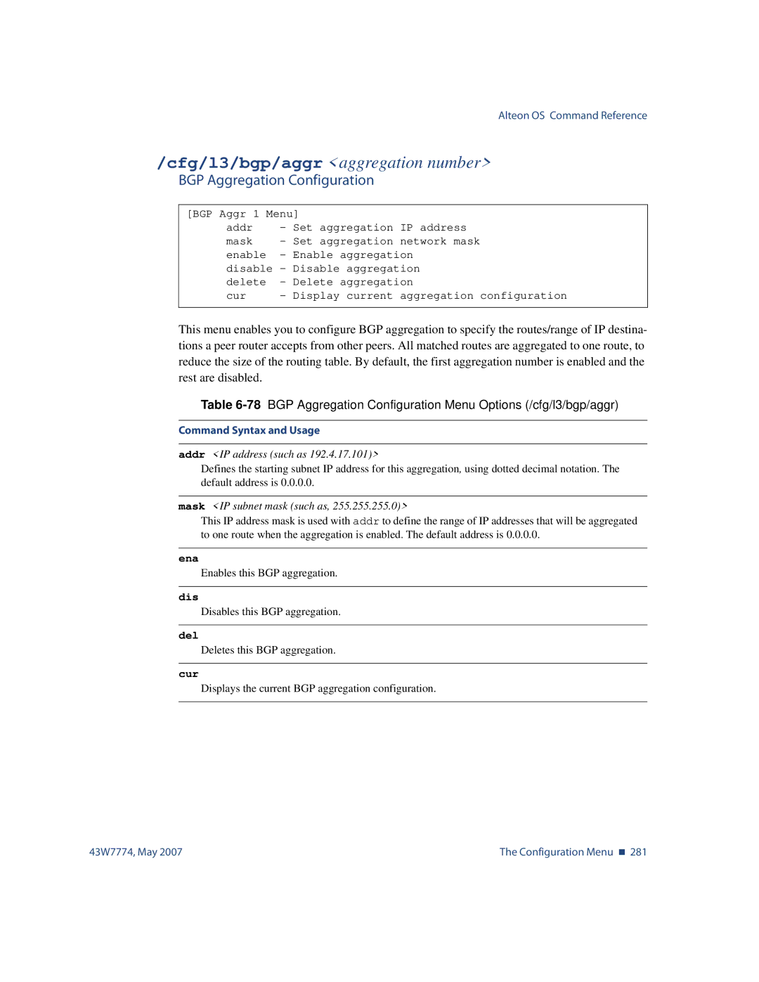 Nortel Networks 43W7774 manual Cfg/l3/bgp/aggr aggregation number, BGP Aggregation Configuration 