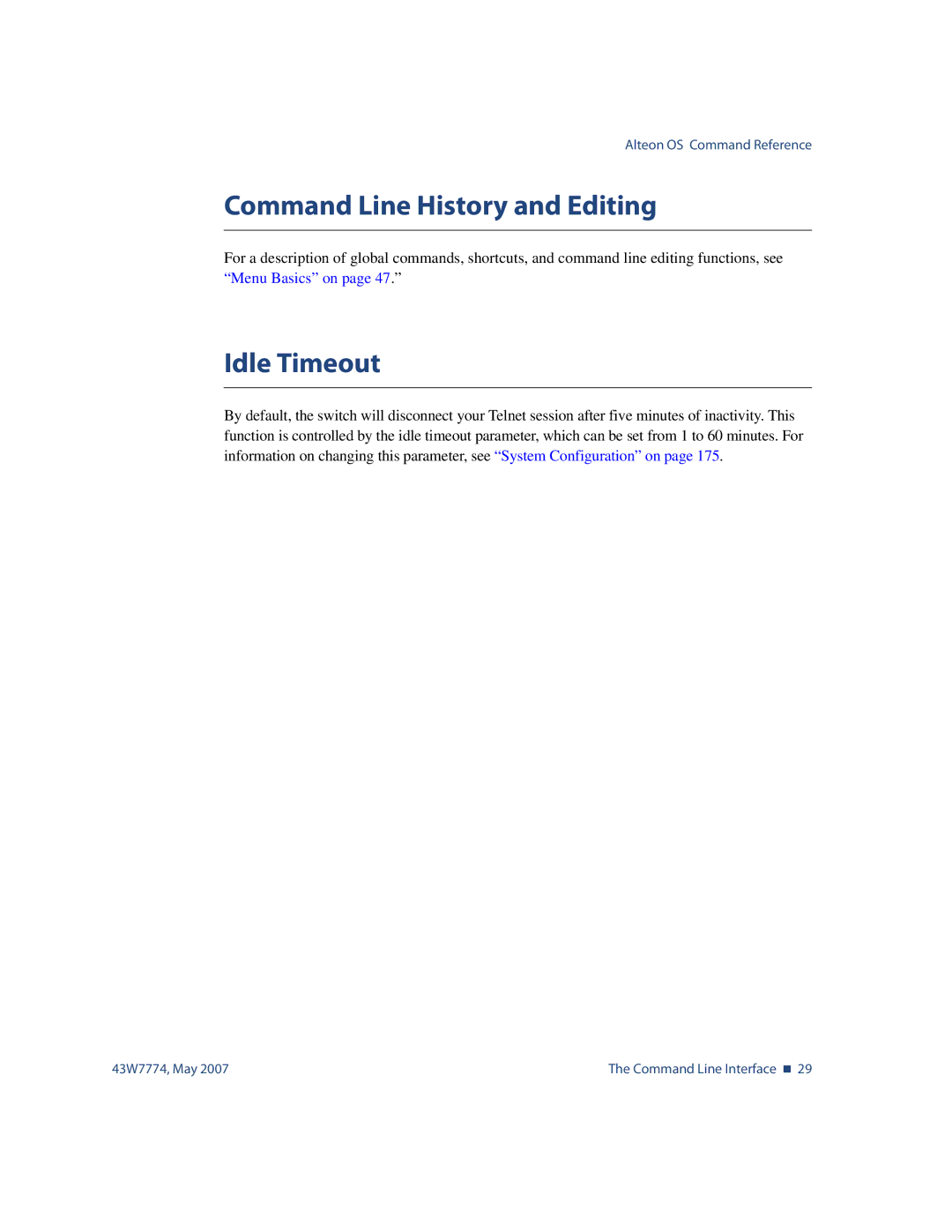 Nortel Networks 43W7774 manual Command Line History and Editing, Idle Timeout 