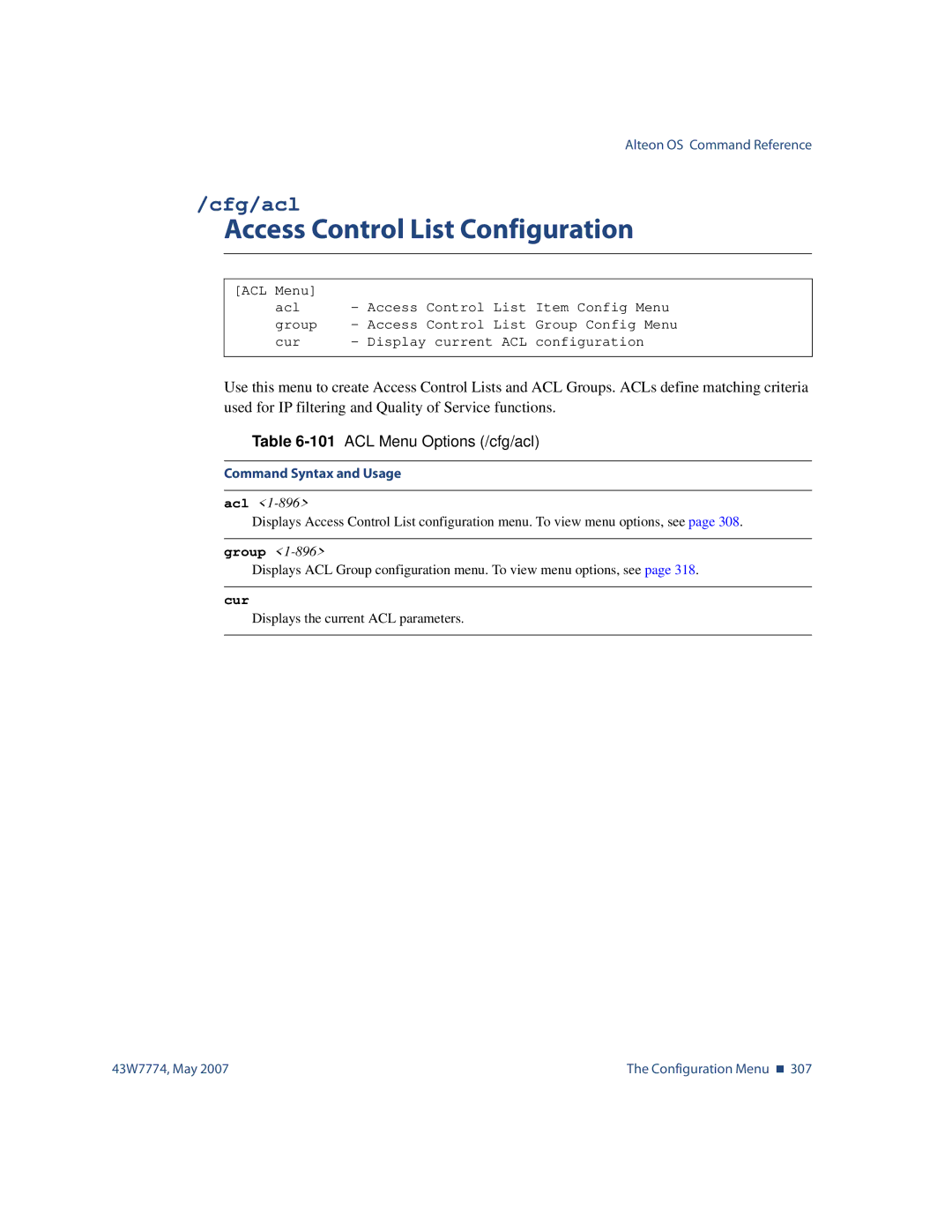 Nortel Networks 43W7774 manual Access Control List Configuration, Cfg/acl, 101ACL Menu Options /cfg/acl, Group 