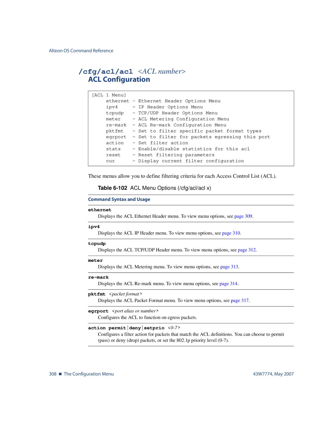 Nortel Networks 43W7774 manual Cfg/acl/acl ACL number, ACL Configuration, 102ACL Menu Options /cfg/acl/acl 