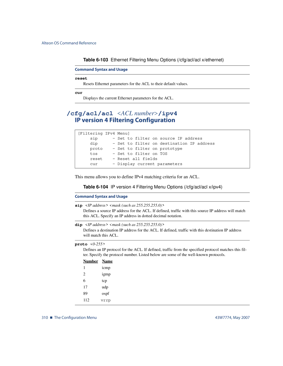 Nortel Networks 43W7774 manual Cfg/acl/acl ACL number/ipv4, IP version 4 Filtering Configuration 