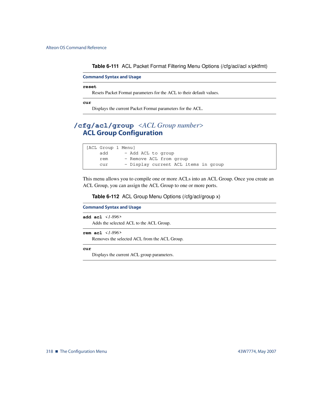 Nortel Networks 43W7774 manual ACL Group Configuration, 112ACL Group Menu Options /cfg/acl/group, Add acl, Rem acl 