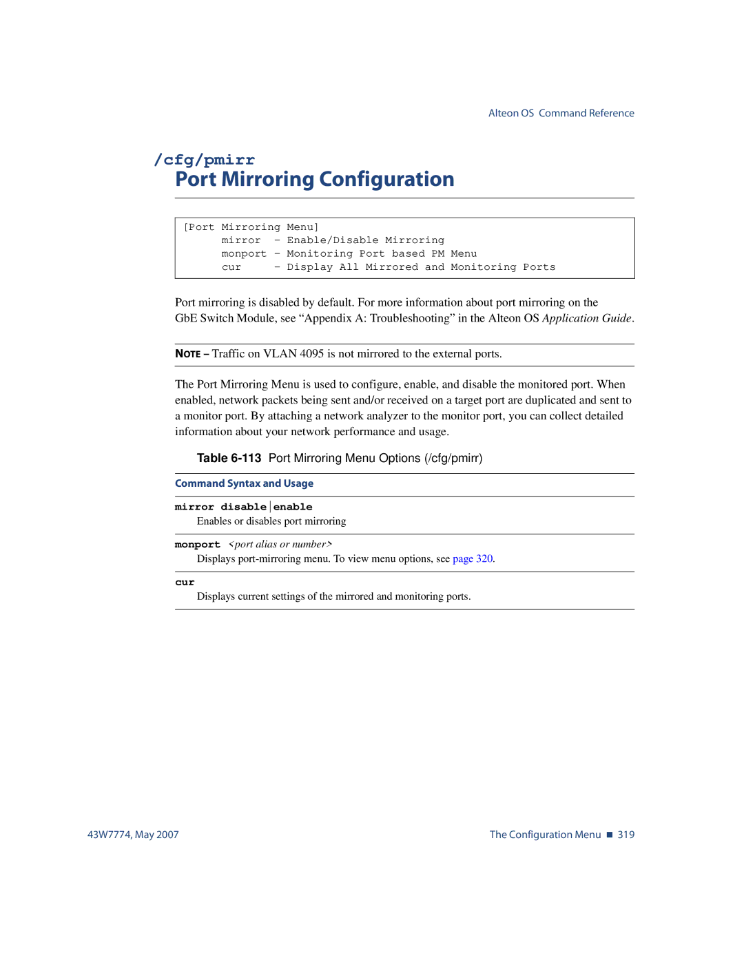 Nortel Networks 43W7774 manual Port Mirroring Configuration, Cfg/pmirr, 113Port Mirroring Menu Options /cfg/pmirr 