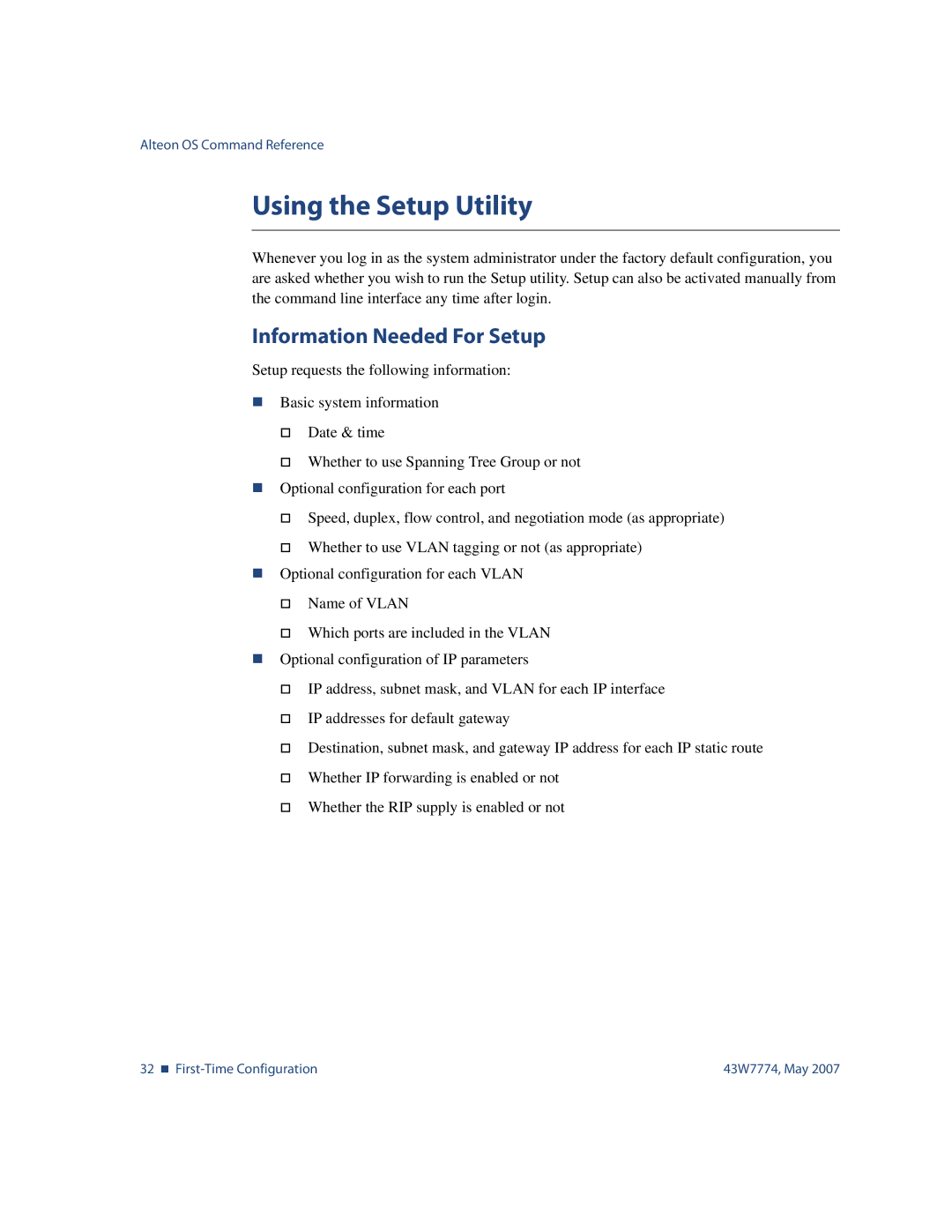 Nortel Networks 43W7774 manual Using the Setup Utility, Information Needed For Setup 