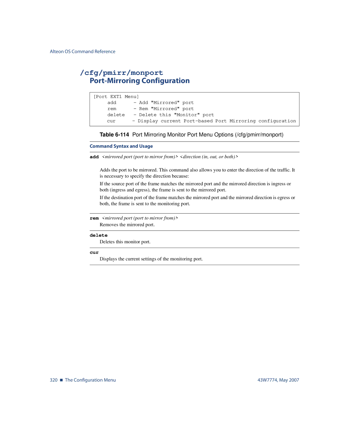 Nortel Networks 43W7774 manual Cfg/pmirr/monport, Port-Mirroring Configuration, Rem mirrored port port to mirror from 