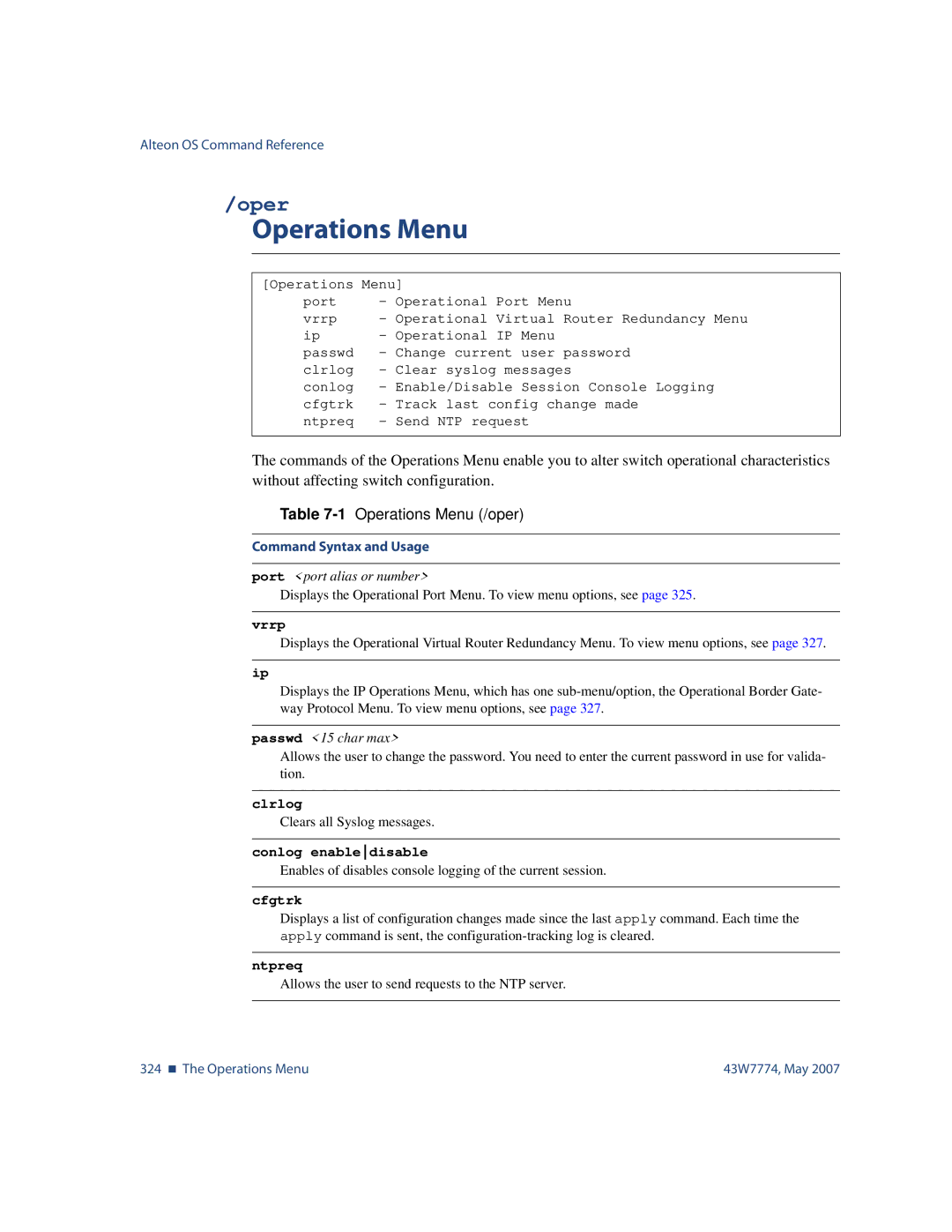 Nortel Networks 43W7774 manual 1Operations Menu /oper 