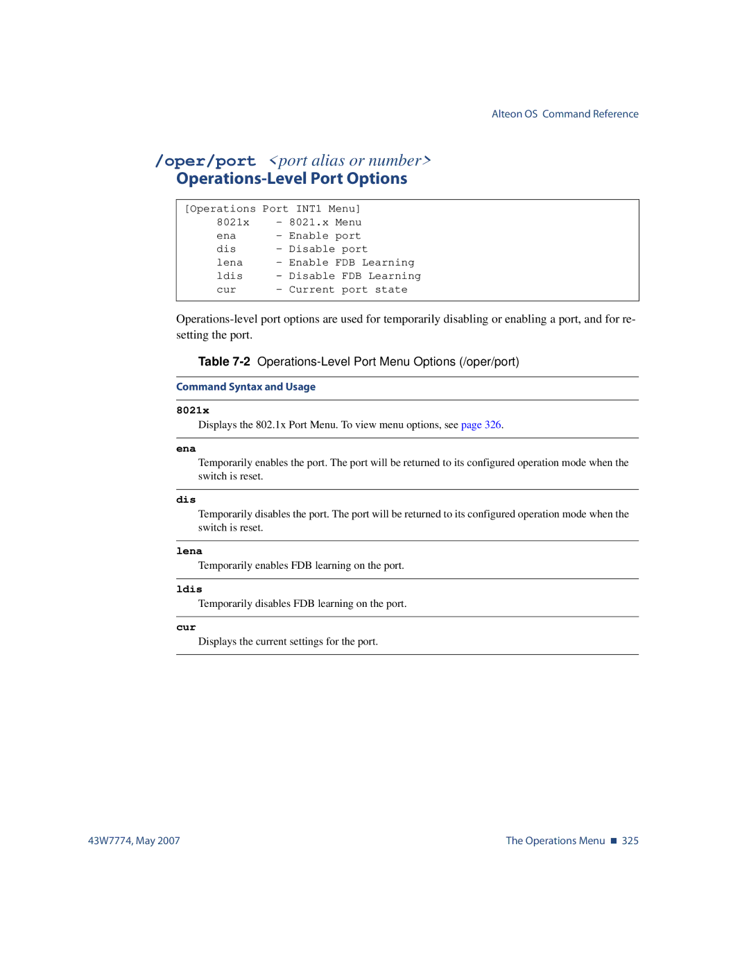 Nortel Networks 43W7774 manual Operations-Level Port Options, 2Operations-Level Port Menu Options /oper/port, Lena, Ldis 