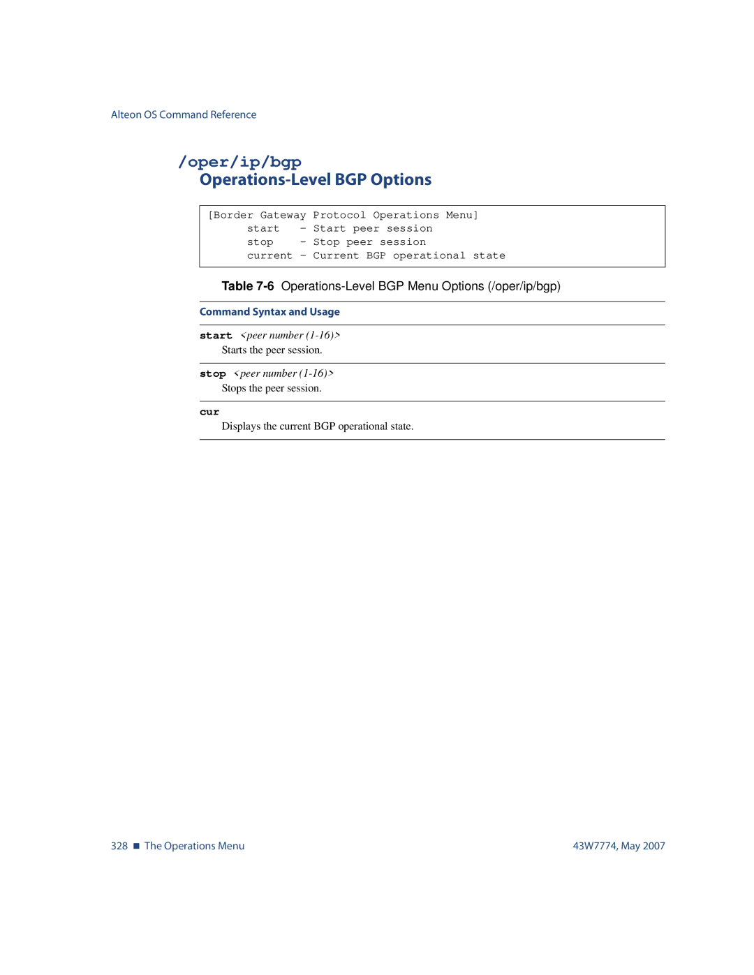 Nortel Networks 43W7774 manual Oper/ip/bgp, Operations-Level BGP Options, 6Operations-Level BGP Menu Options /oper/ip/bgp 