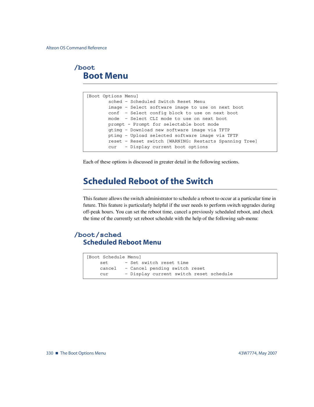 Nortel Networks 43W7774 manual Boot Menu, Scheduled Reboot of the Switch, Boot/sched, Scheduled Reboot Menu 