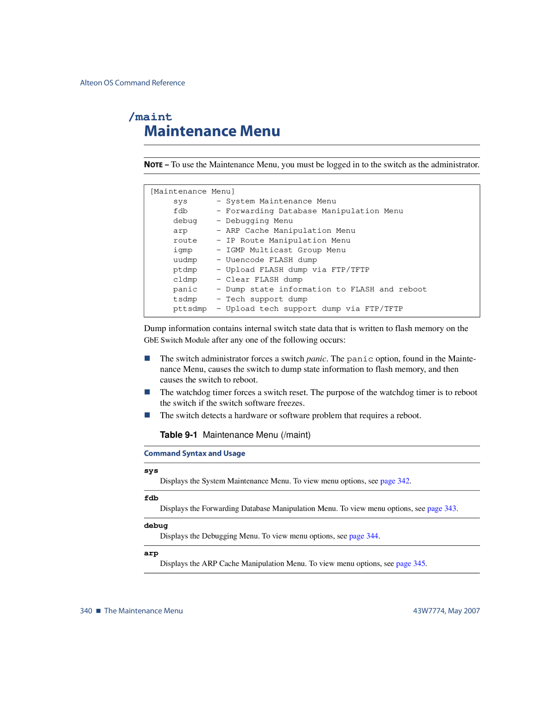 Nortel Networks 43W7774 manual 1Maintenance Menu /maint, Debug 