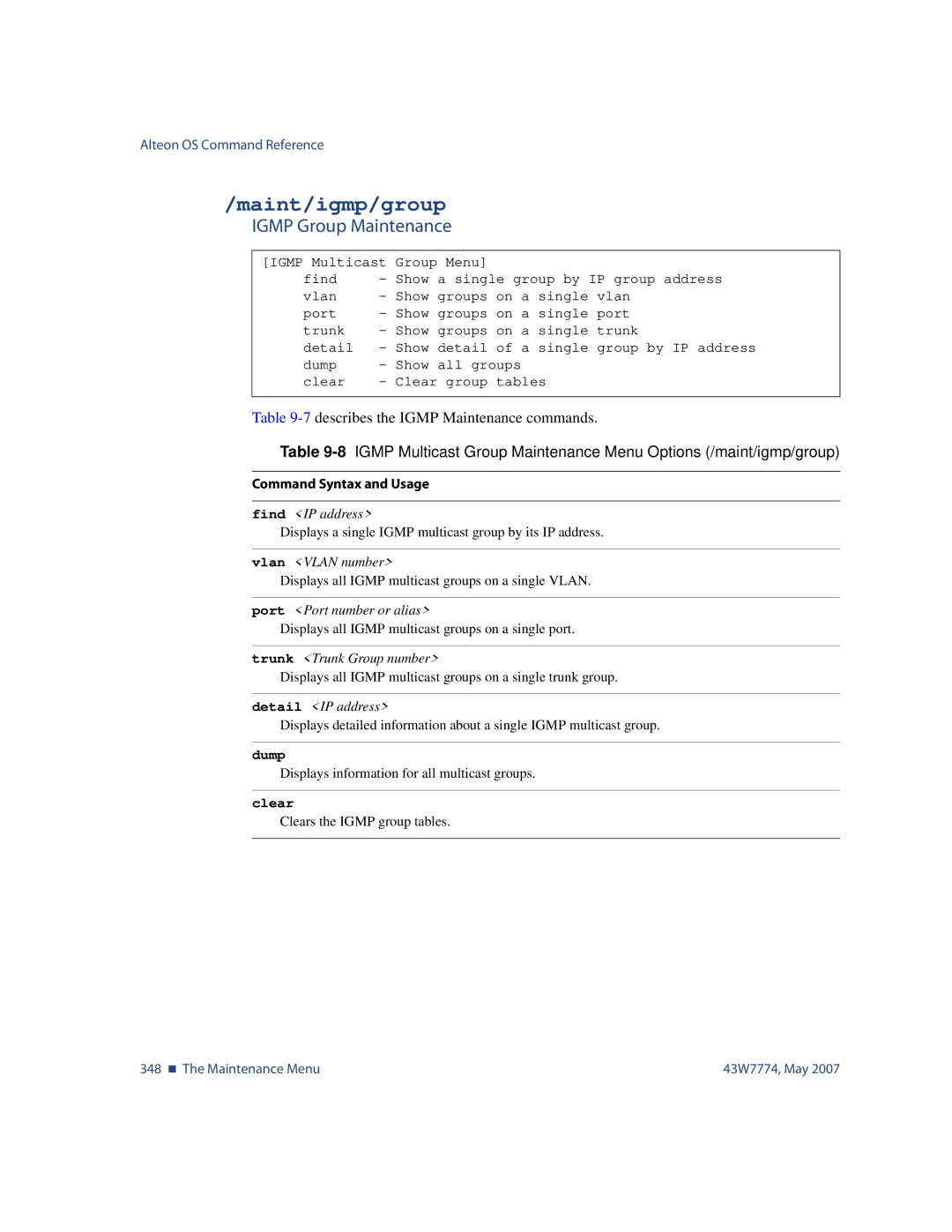 Nortel Networks 43W7774 manual Maint/igmp/group, Igmp Group Maintenance 