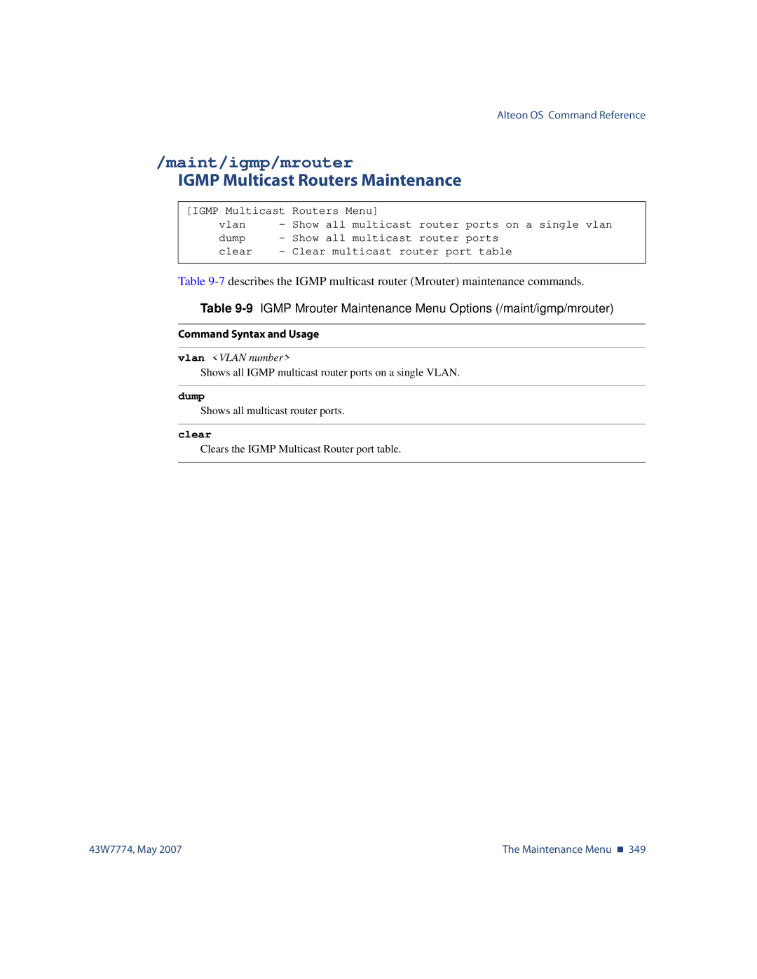 Nortel Networks 43W7774 manual Maint/igmp/mrouter, Igmp Multicast Routers Maintenance 