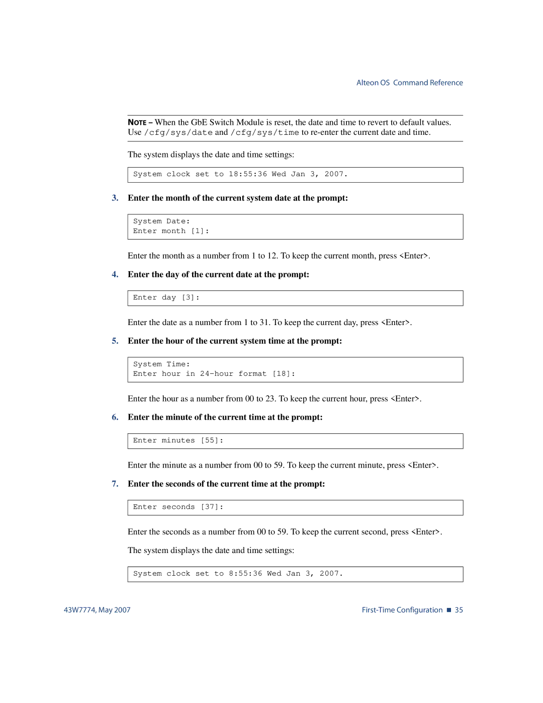 Nortel Networks 43W7774 manual Enter the day of the current date at the prompt 