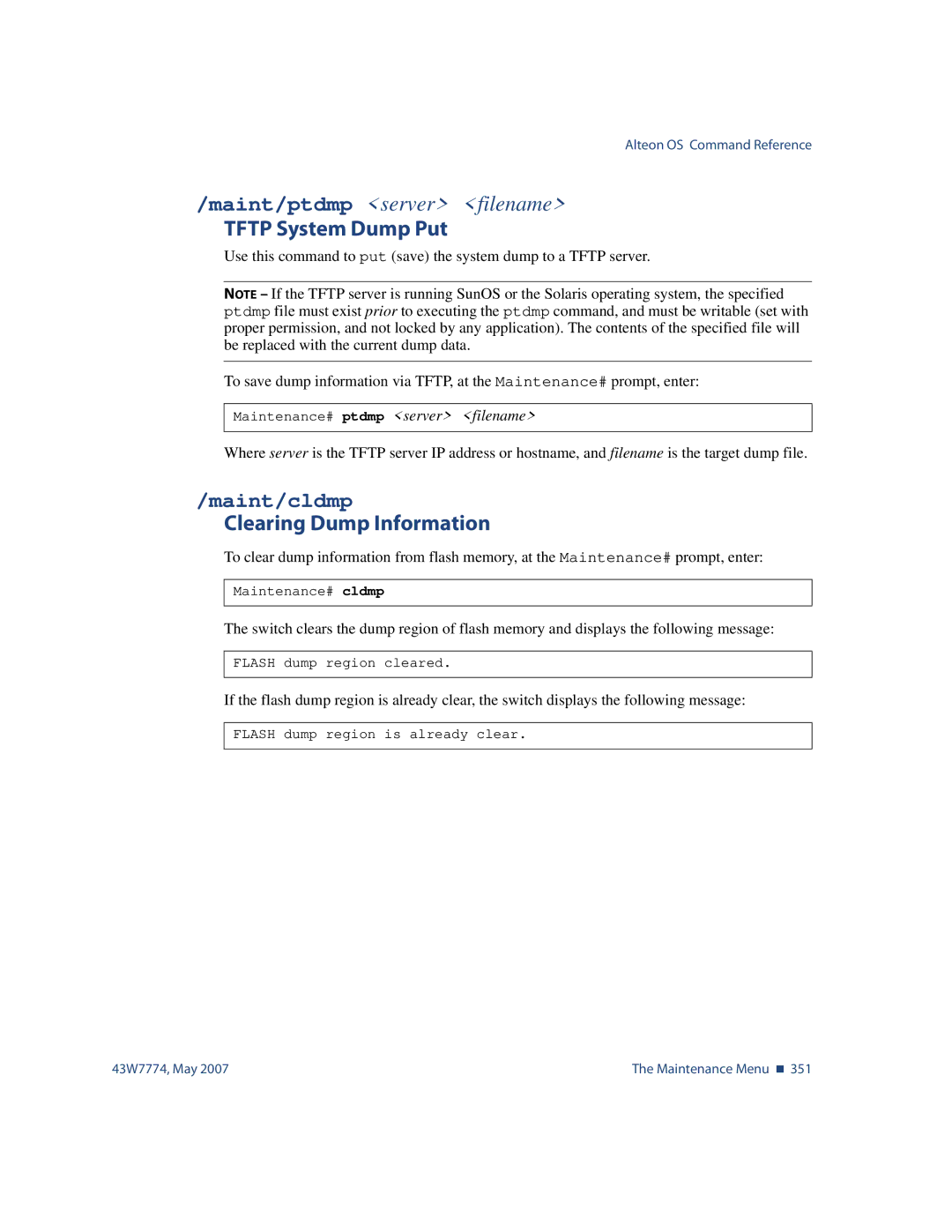 Nortel Networks 43W7774 manual Tftp System Dump Put, Maint/cldmp, Clearing Dump Information 