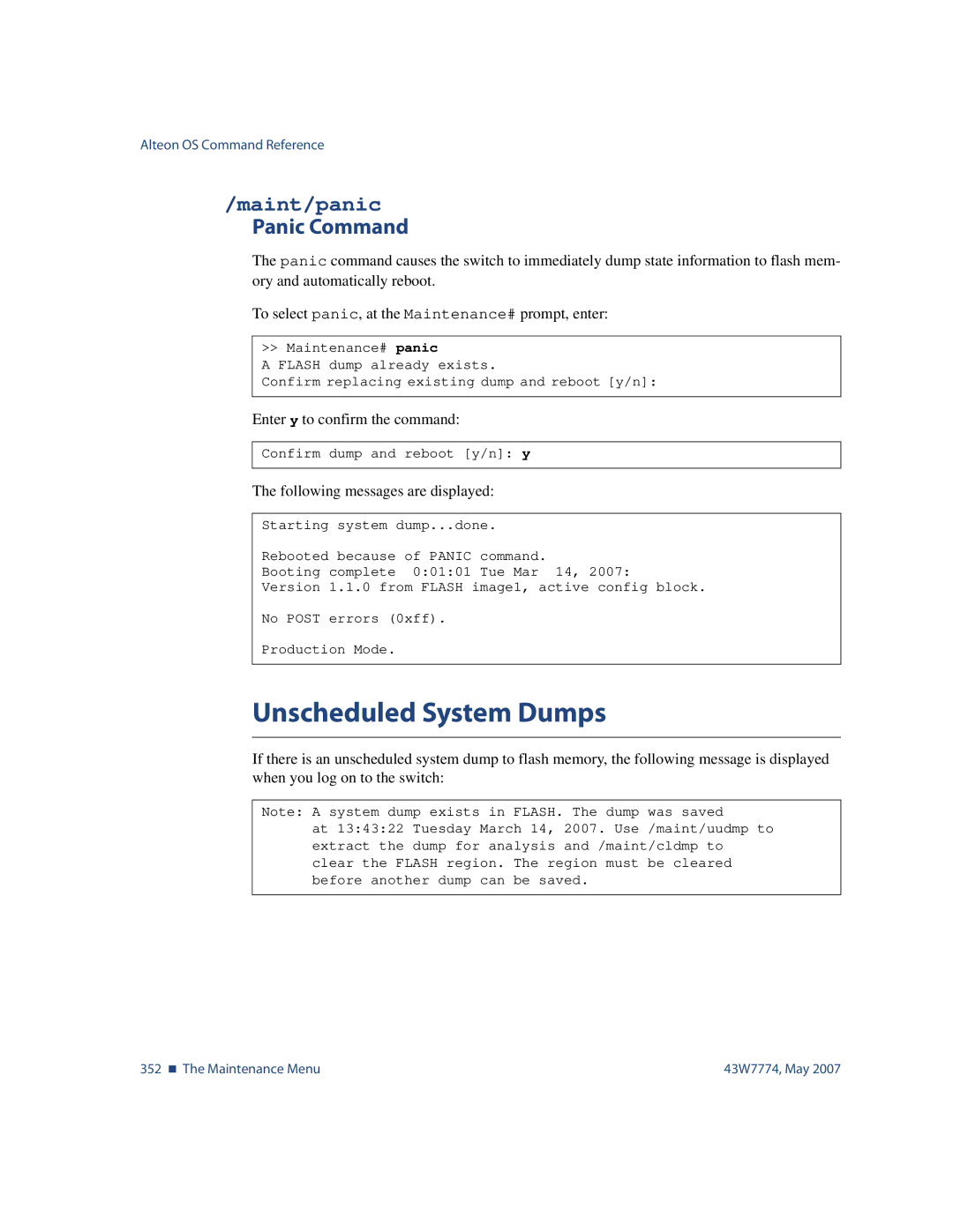 Nortel Networks 43W7774 manual Unscheduled System Dumps, Maint/panic, Panic Command 