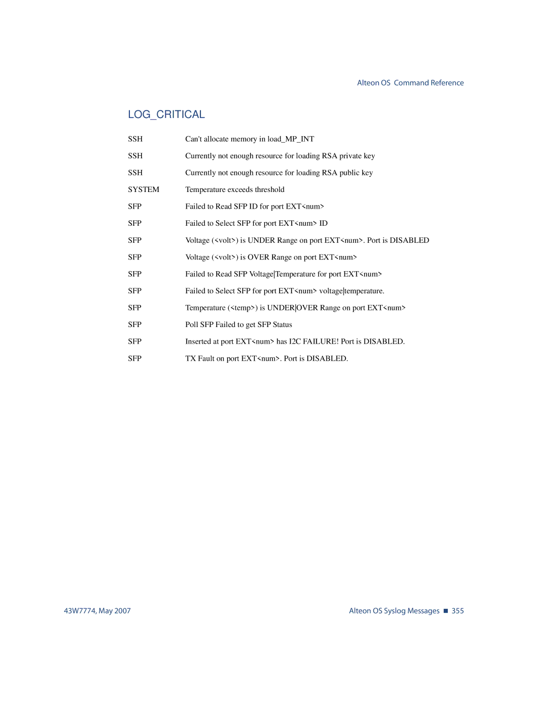 Nortel Networks 43W7774 manual Logcritical 