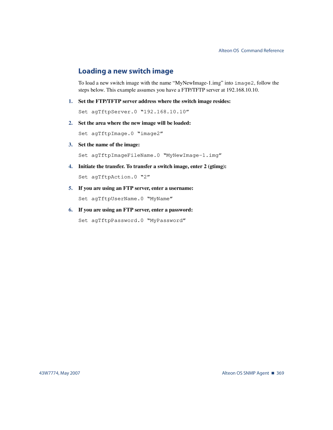 Nortel Networks 43W7774 manual Loading a new switch image, If you are using an FTP server, enter a password 