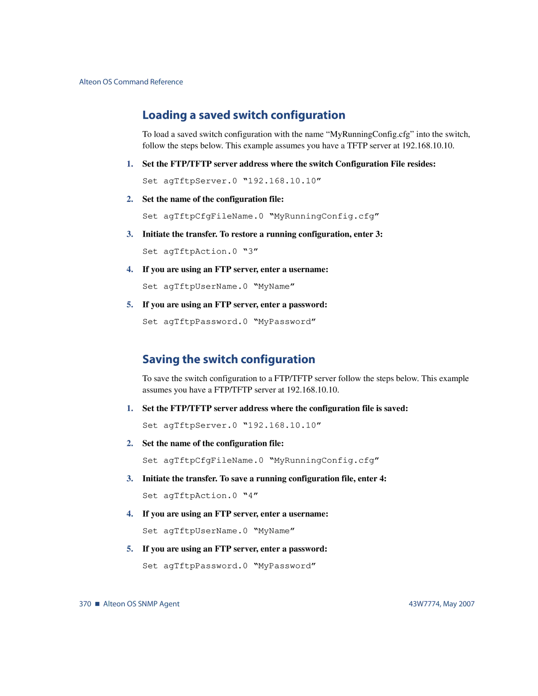 Nortel Networks 43W7774 manual Loading a saved switch configuration, Saving the switch configuration 