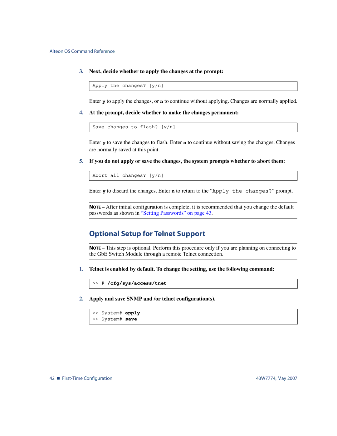 Nortel Networks 43W7774 manual Optional Setup for Telnet Support, # /cfg/sys/access/tnet 