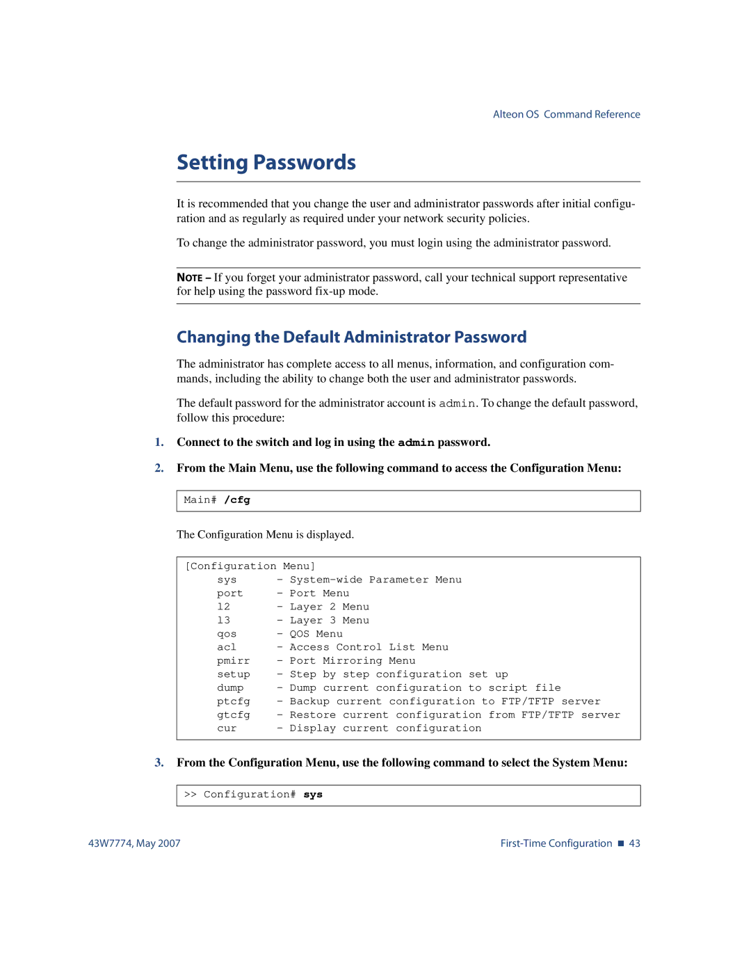 Nortel Networks 43W7774 manual Setting Passwords, Changing the Default Administrator Password 