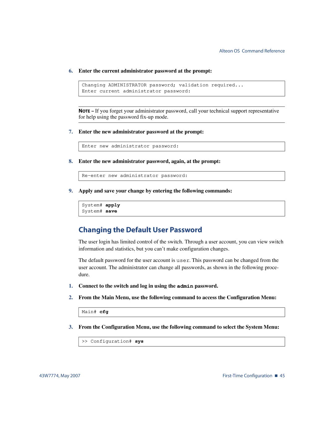 Nortel Networks 43W7774 manual Changing the Default User Password 