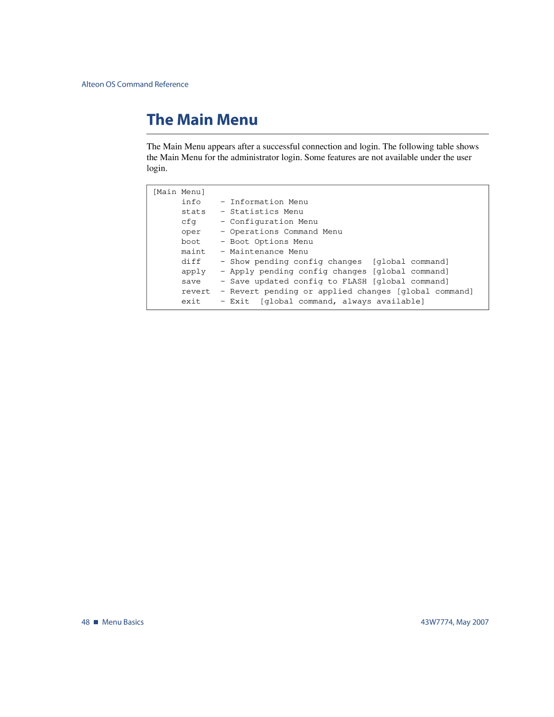 Nortel Networks 43W7774 manual Main Menu 