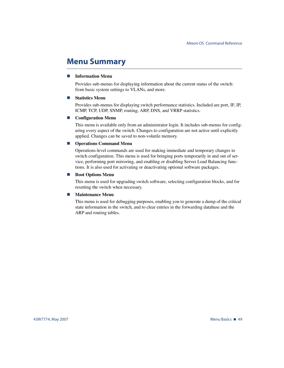 Nortel Networks 43W7774 manual Menu Summary, „ Information Menu 