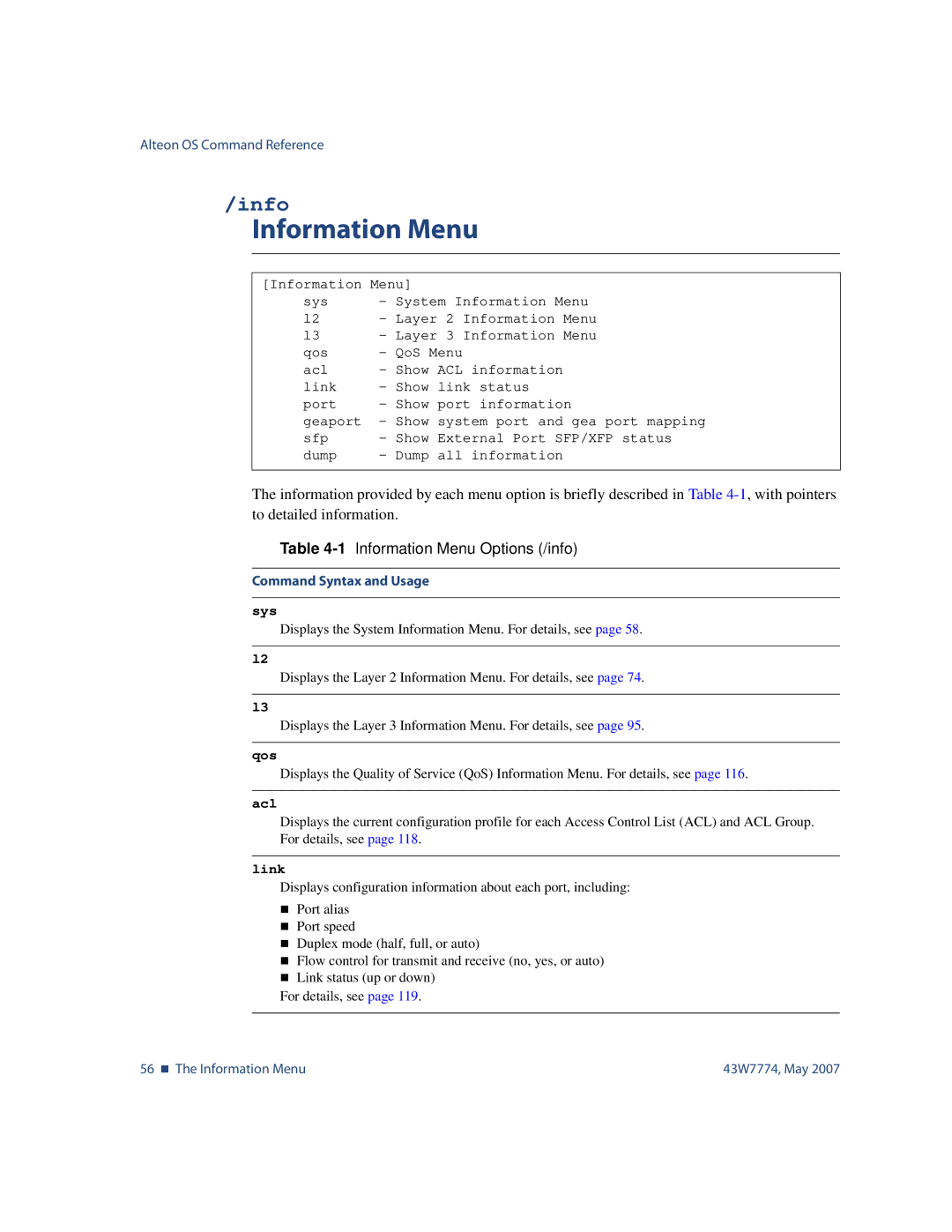 Nortel Networks 43W7774 manual 1Information Menu Options /info 