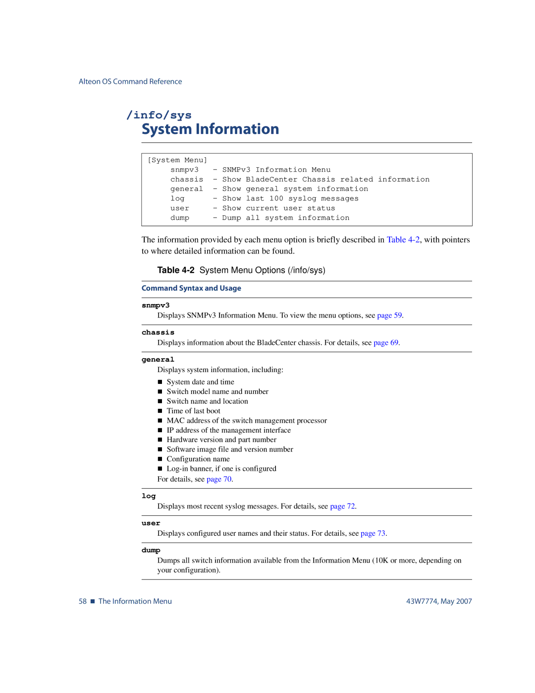 Nortel Networks 43W7774 manual System Information, Info/sys, 2System Menu Options /info/sys 