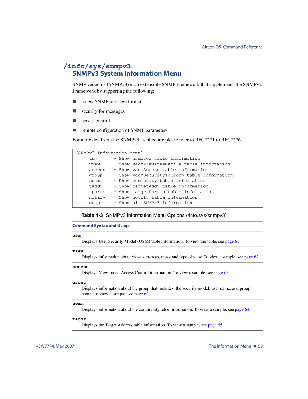 Nortel Networks 43W7774 Info/sys/snmpv3, SNMPv3 System Information Menu, 3SNMPv3 information Menu Options /info/sys/snmpv3 