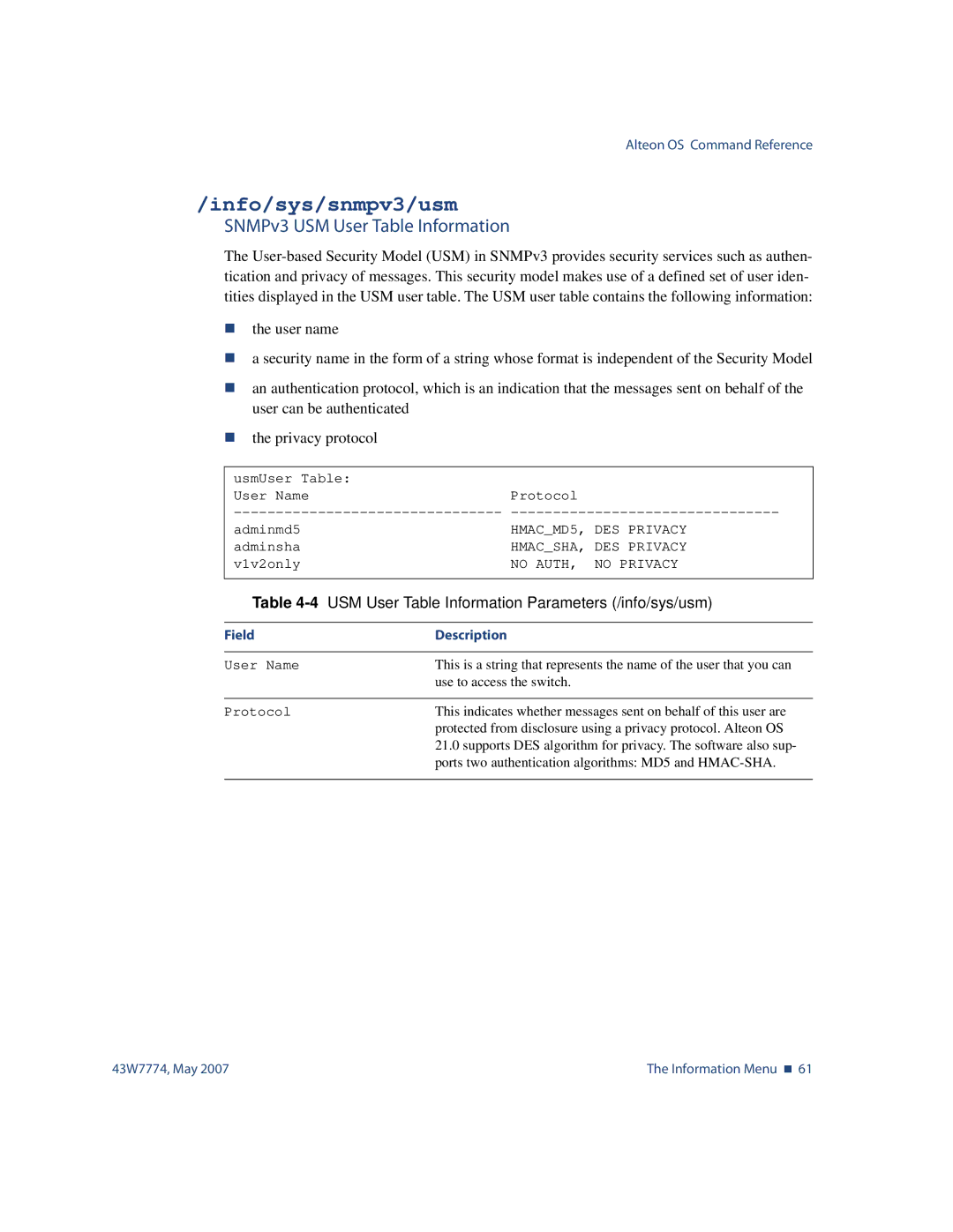 Nortel Networks 43W7774 manual Info/sys/snmpv3/usm, SNMPv3 USM User Table Information 