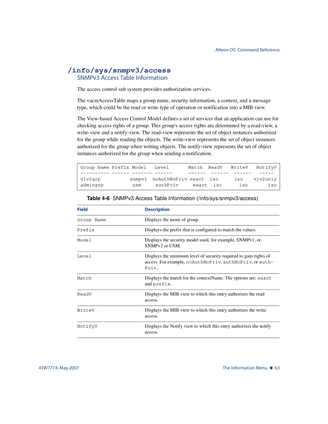 Nortel Networks 43W7774 manual Info/sys/snmpv3/access, SNMPv3 Access Table Information 