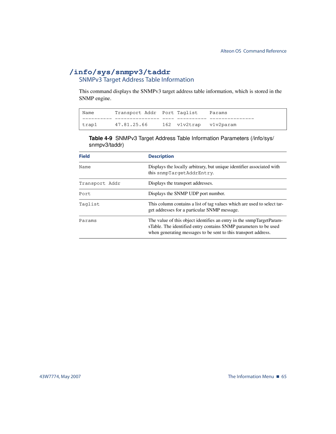 Nortel Networks 43W7774 manual Info/sys/snmpv3/taddr, SNMPv3 Target Address Table Information 