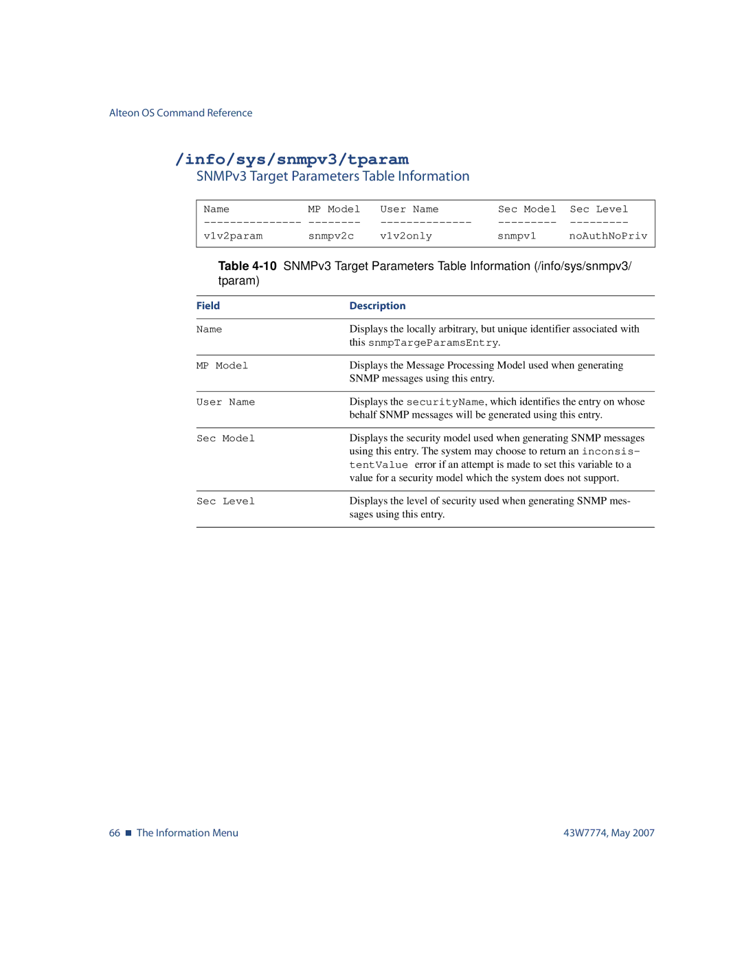 Nortel Networks 43W7774 manual Info/sys/snmpv3/tparam, SNMPv3 Target Parameters Table Information 