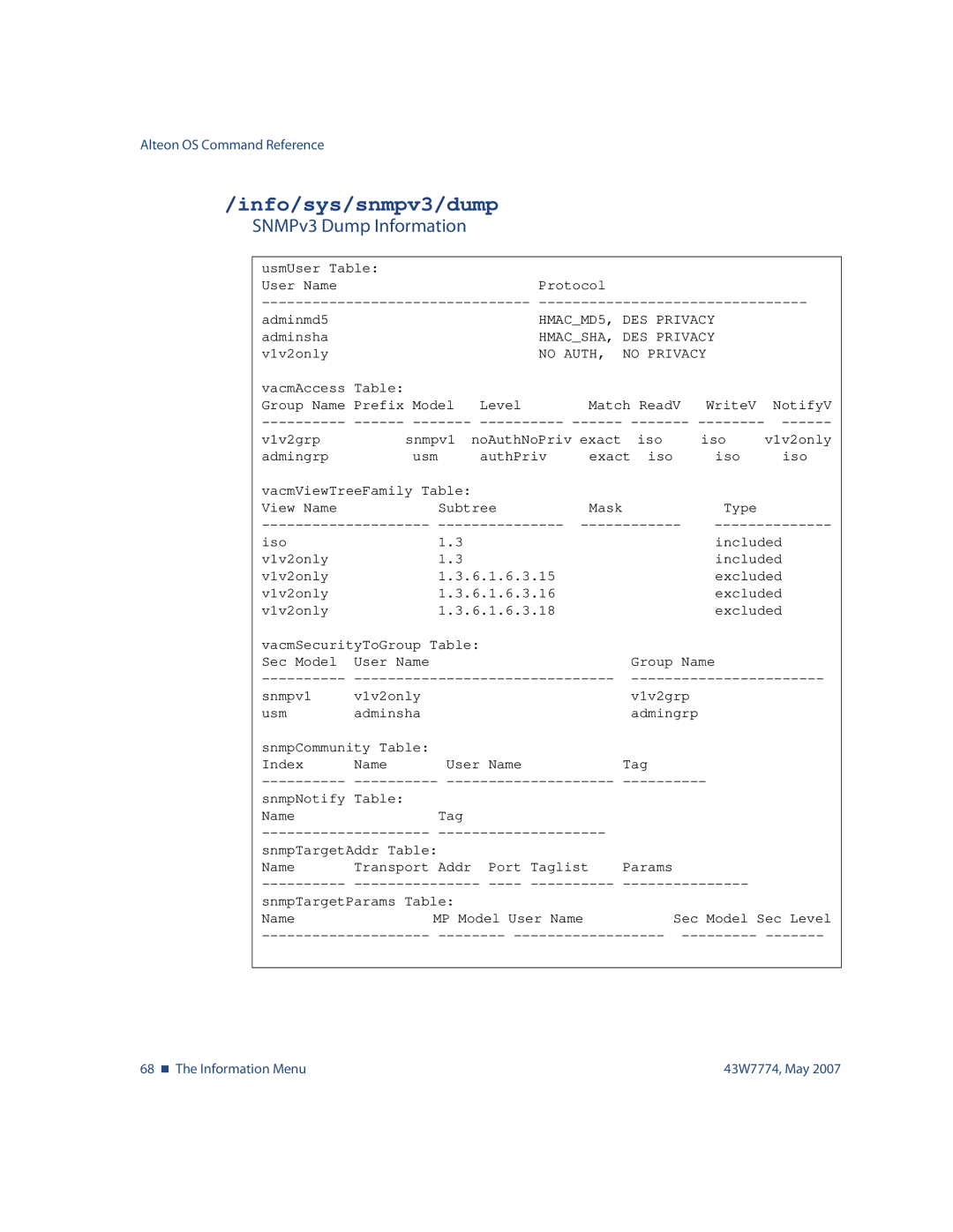 Nortel Networks 43W7774 manual Info/sys/snmpv3/dump, SNMPv3 Dump Information 