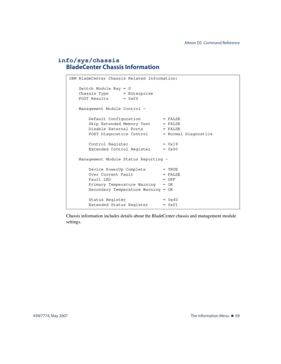 Nortel Networks 43W7774 manual Info/sys/chassis, BladeCenter Chassis Information 