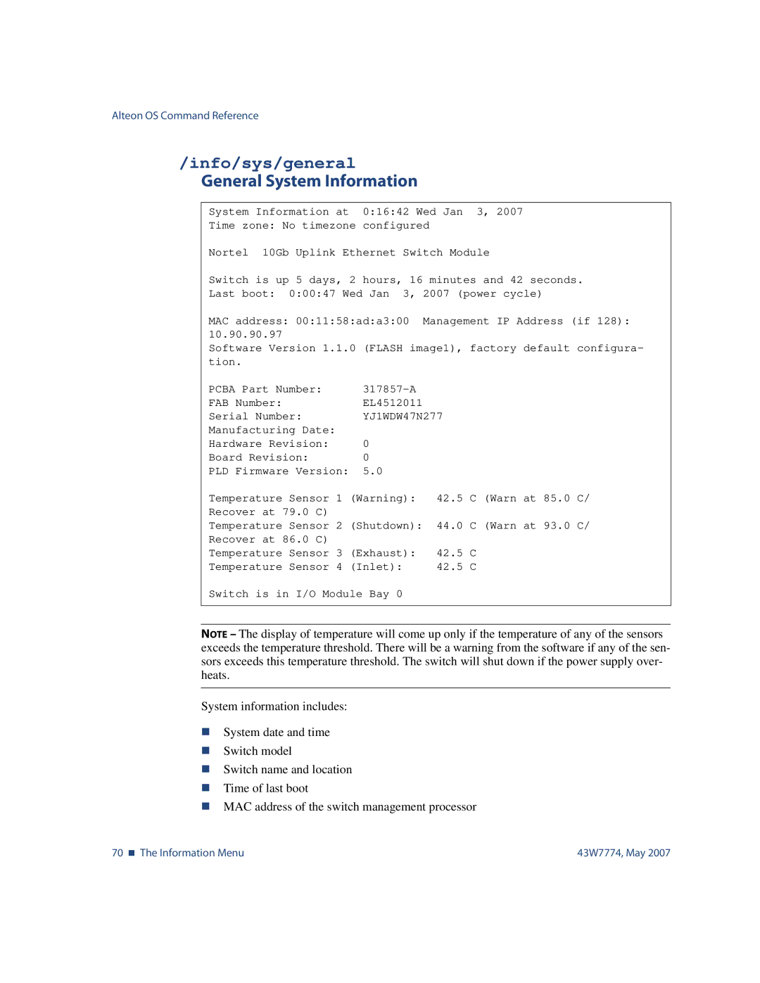 Nortel Networks 43W7774 manual Info/sys/general, General System Information 