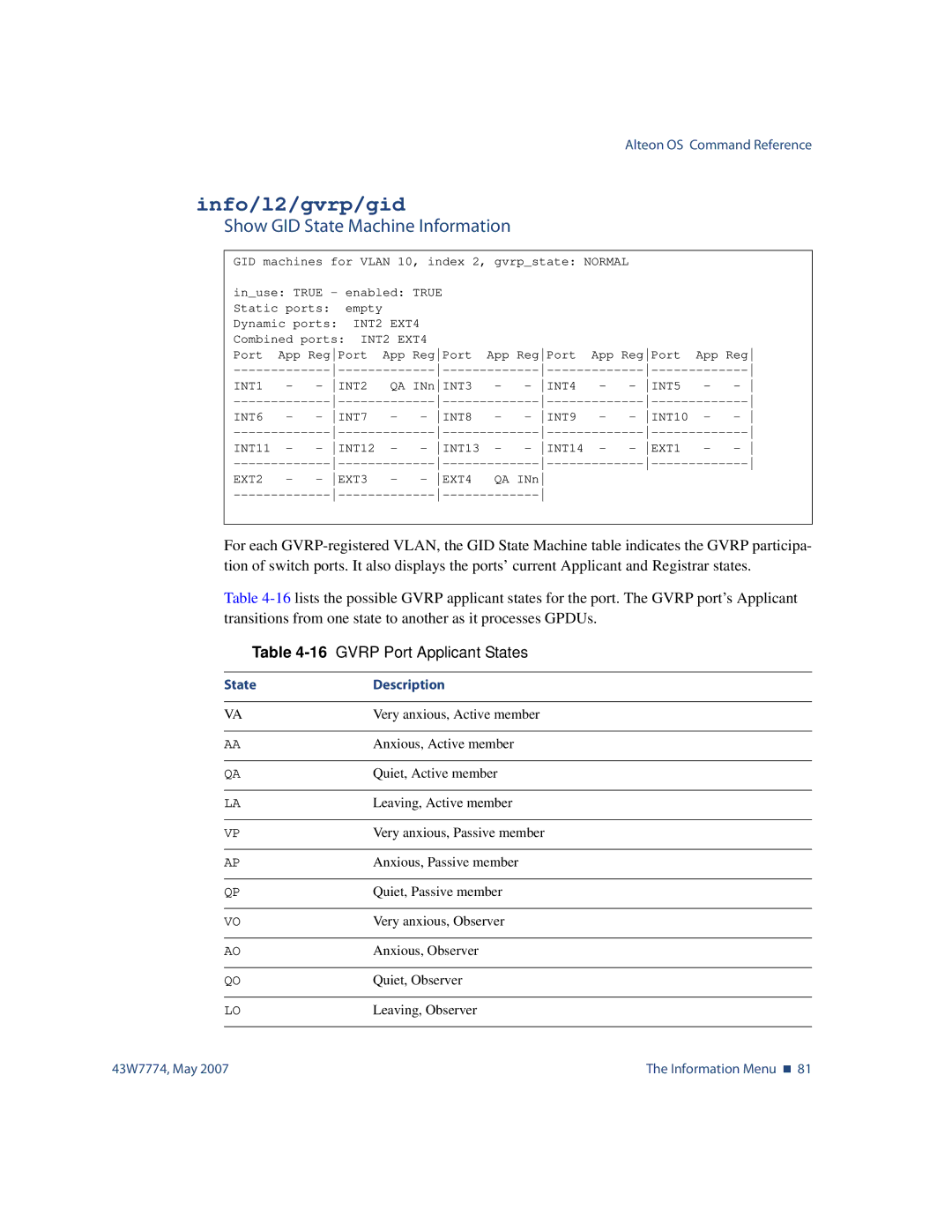 Nortel Networks 43W7774 manual Info/l2/gvrp/gid, Show GID State Machine Information, 16GVRP Port Applicant States 