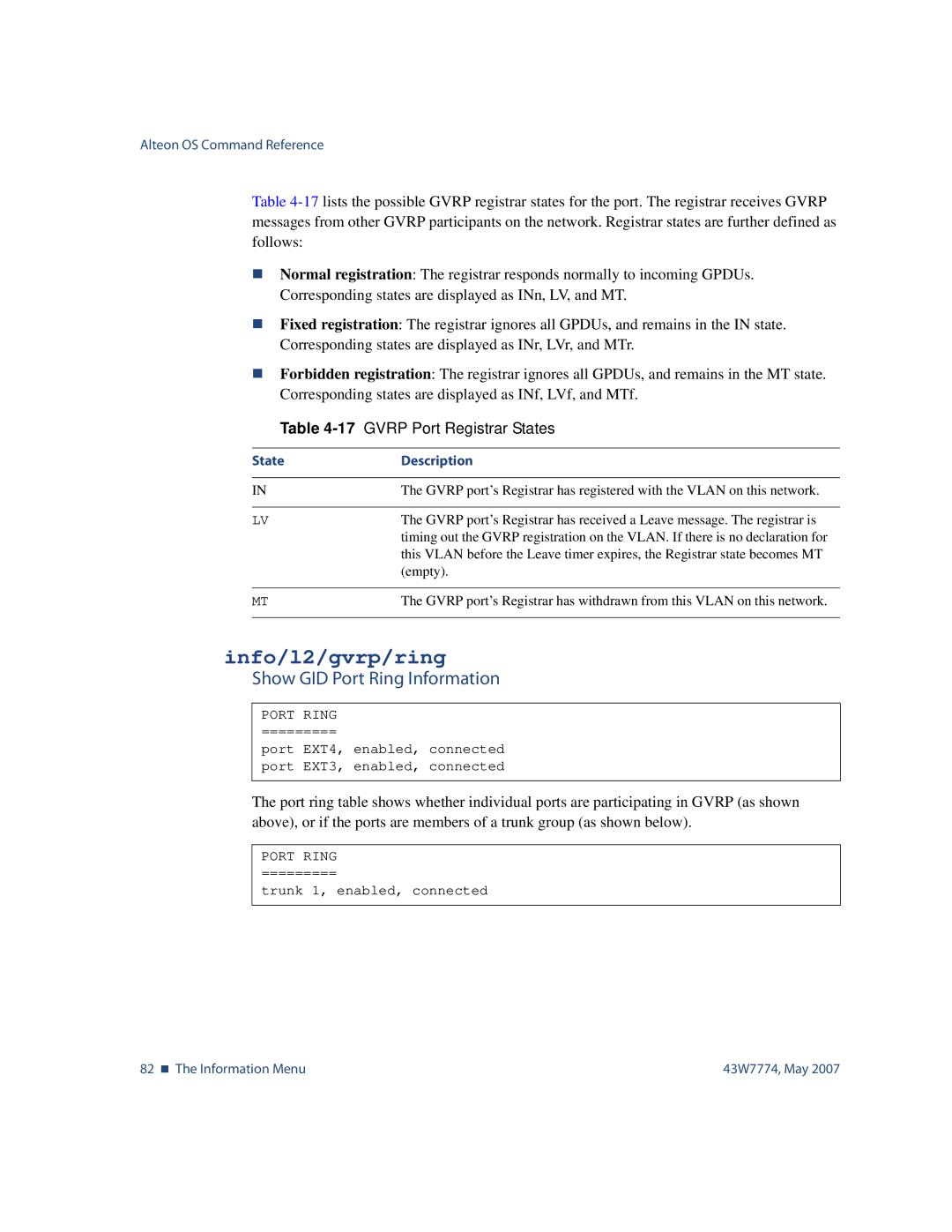 Nortel Networks 43W7774 manual Info/l2/gvrp/ring, Show GID Port Ring Information, 17GVRP Port Registrar States 