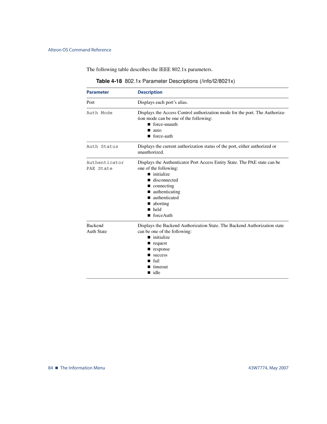 Nortel Networks 43W7774 manual 18802.1x Parameter Descriptions /info/l2/8021x 