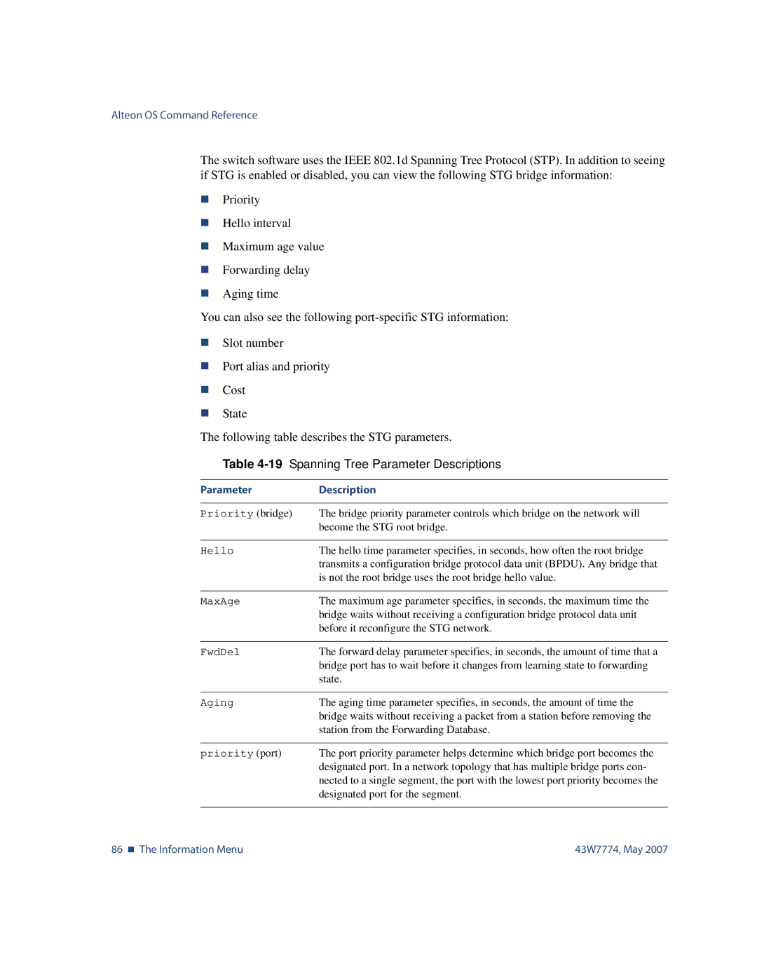 Nortel Networks 43W7774 manual 19Spanning Tree Parameter Descriptions 