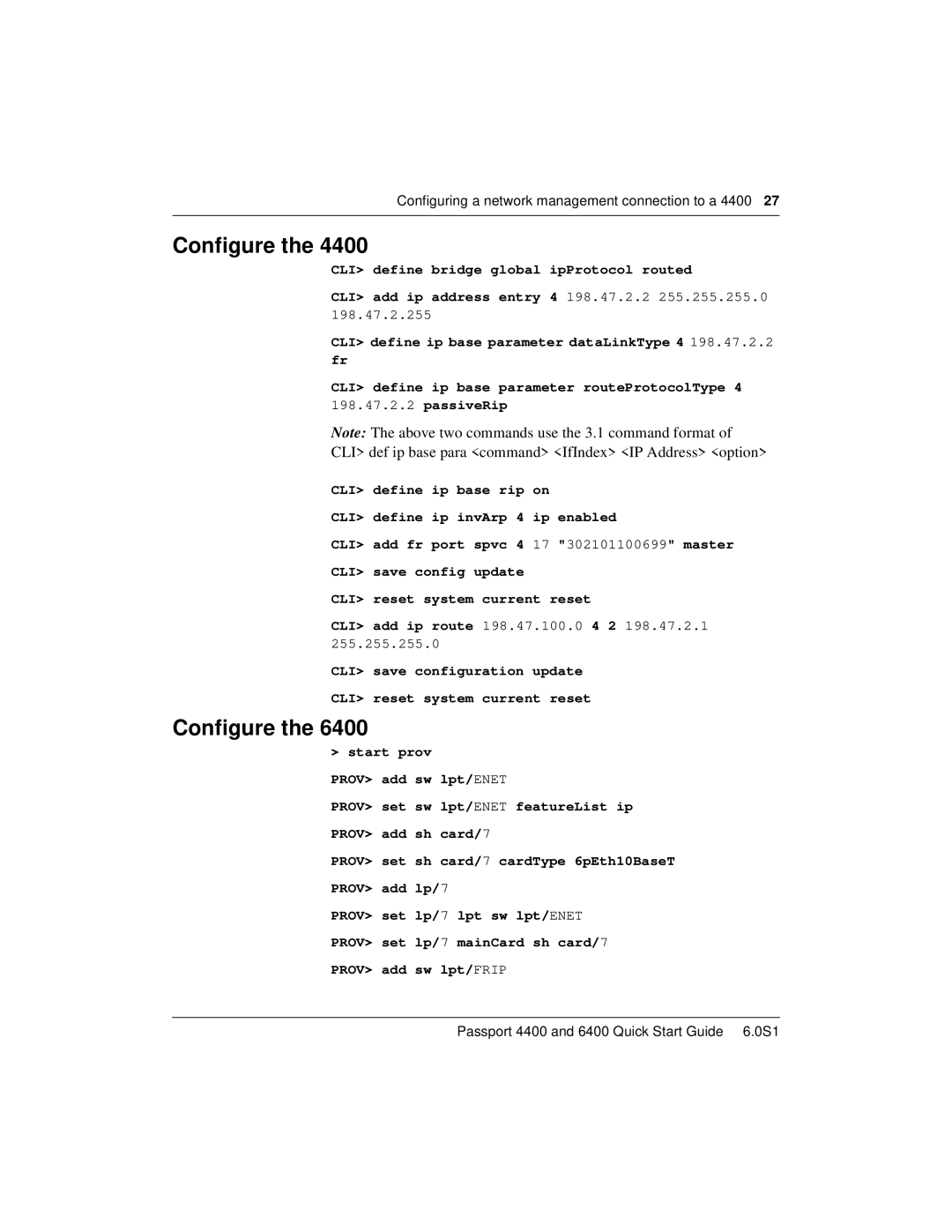 Nortel Networks 6400, 4400 quick start CLI def ip base para command IfIndex IP Address option 