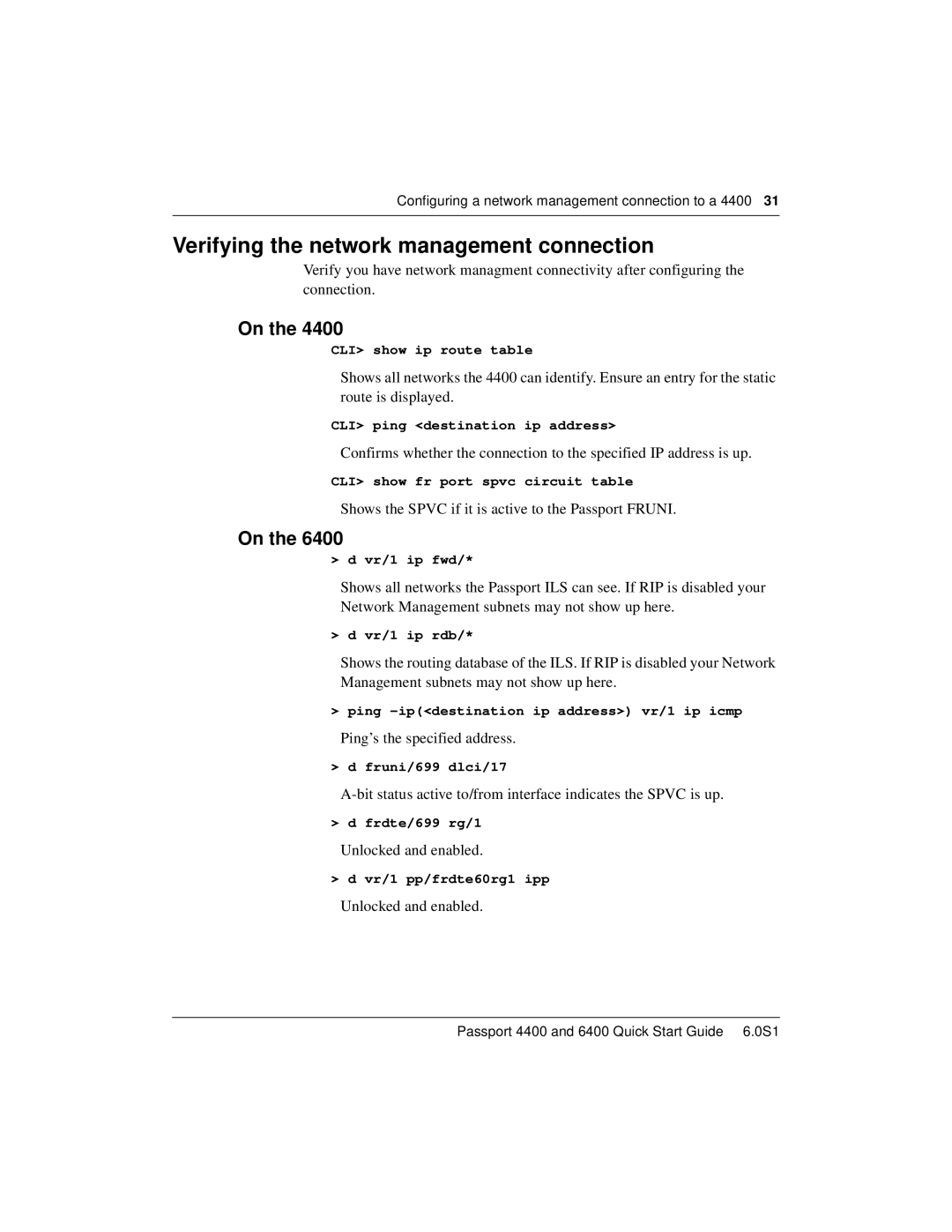 Nortel Networks 6400, 4400 quick start Verifying the network management connection 