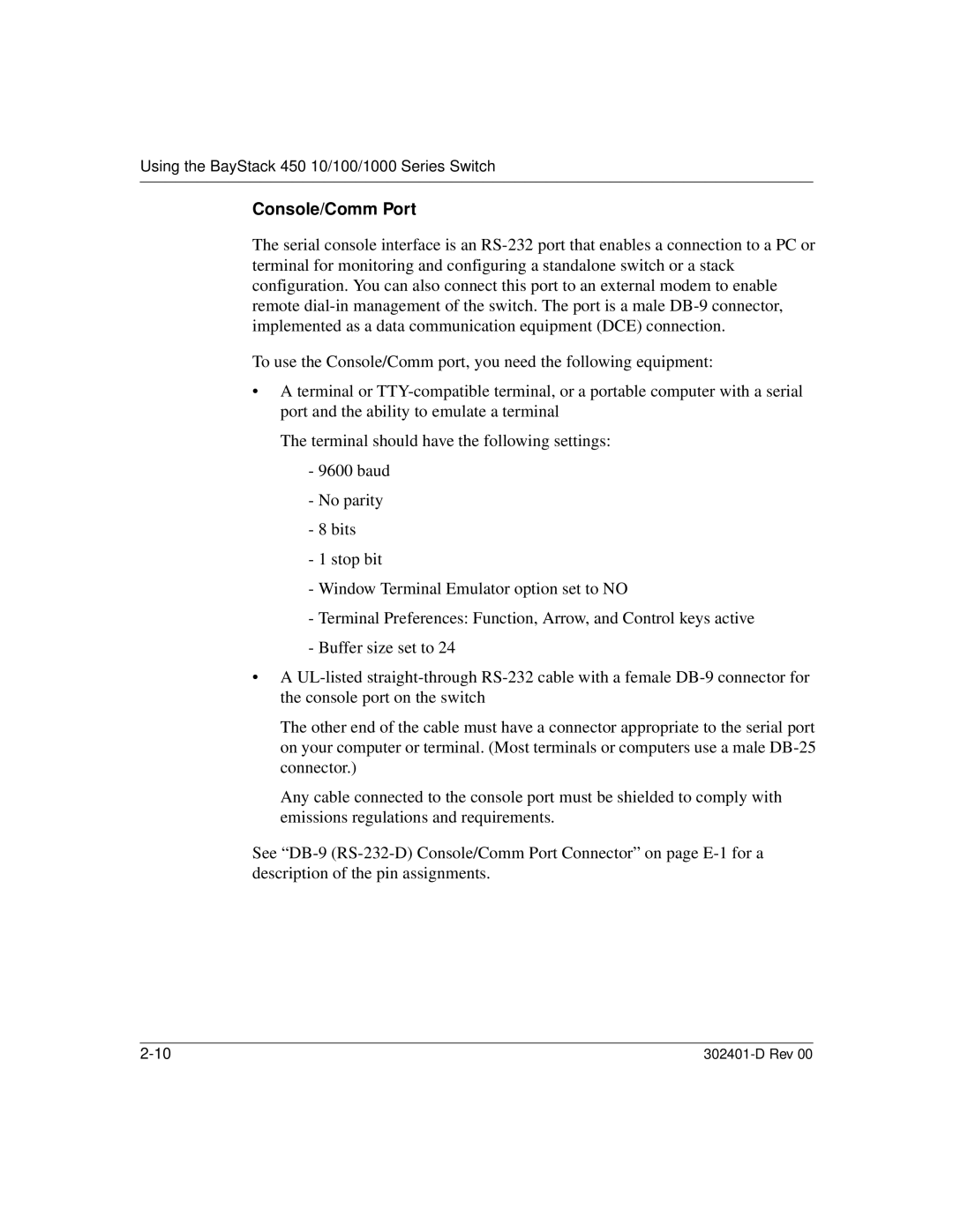 Nortel Networks 450 manual Console/Comm Port 