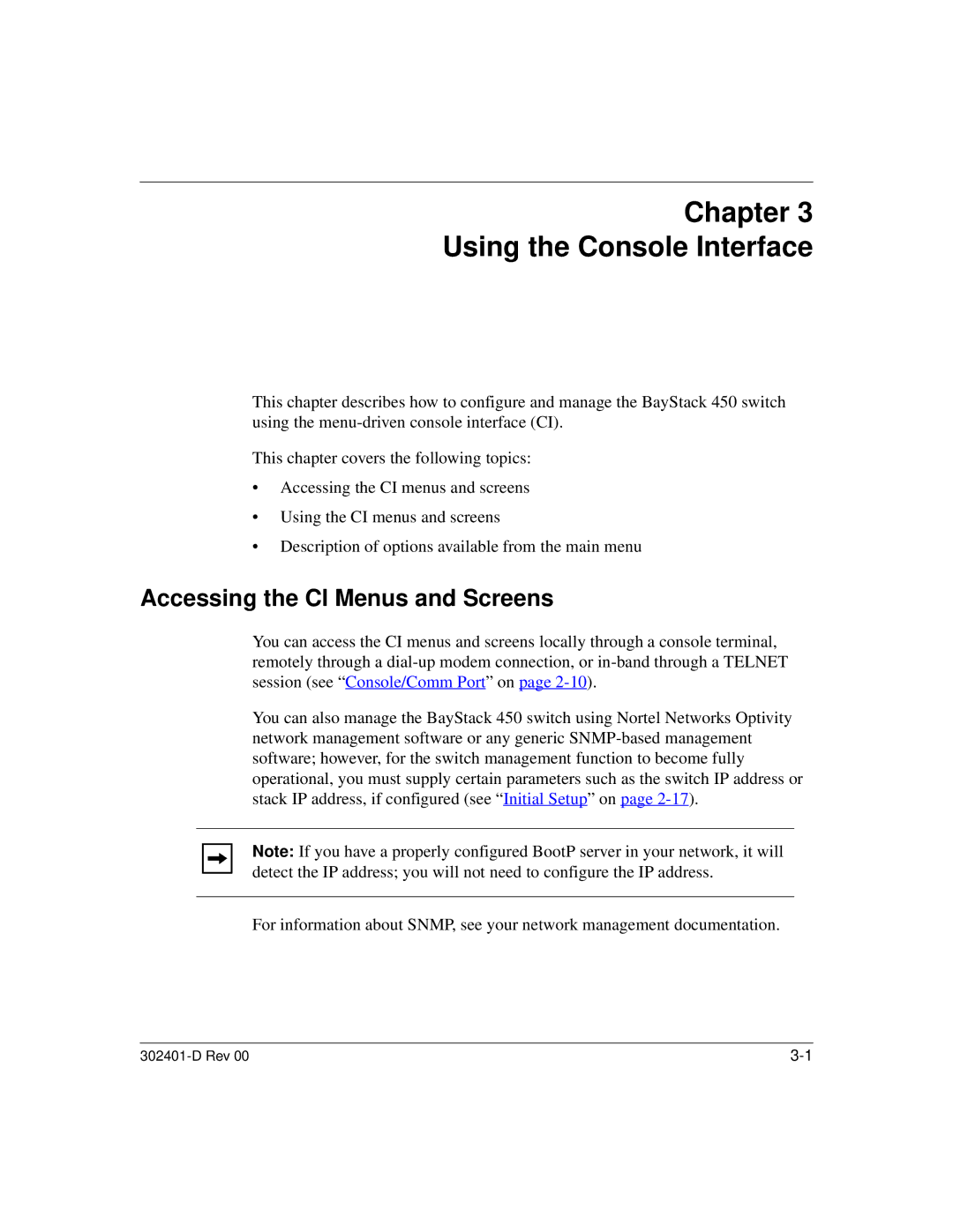 Nortel Networks 450 manual Chapter Using the Console Interface, Accessing the CI Menus and Screens 