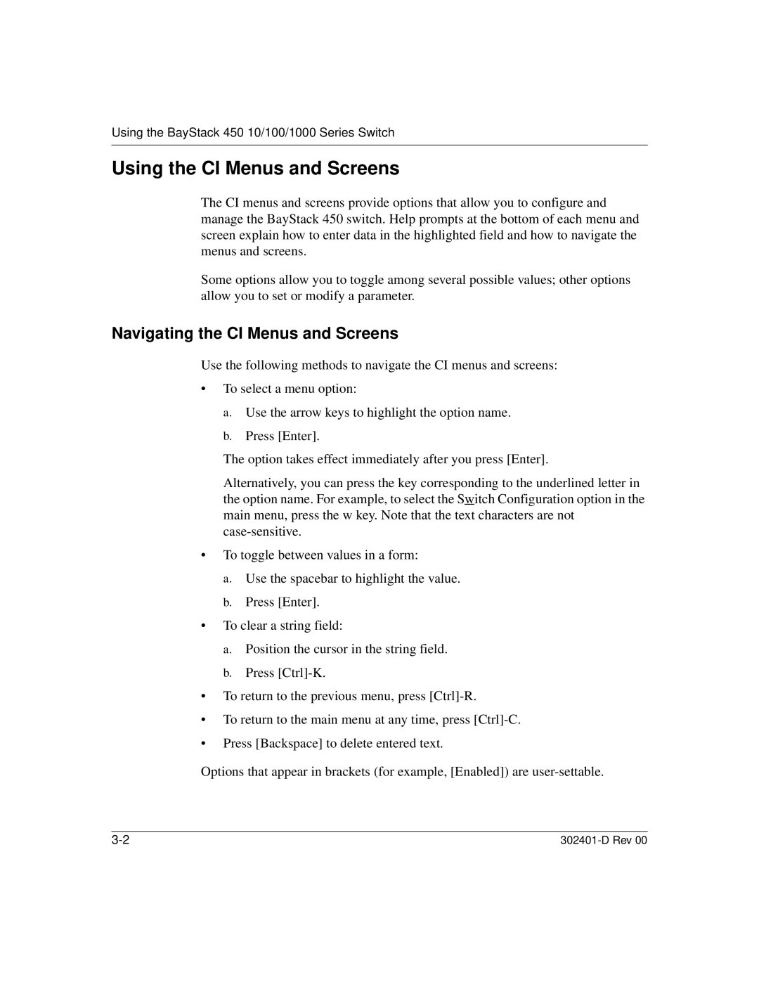 Nortel Networks 450 manual Using the CI Menus and Screens, Navigating the CI Menus and Screens 